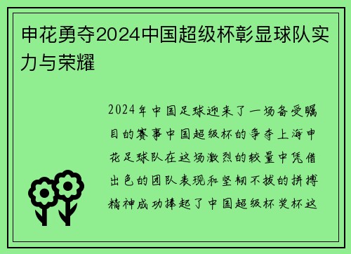 申花勇夺2024中国超级杯彰显球队实力与荣耀